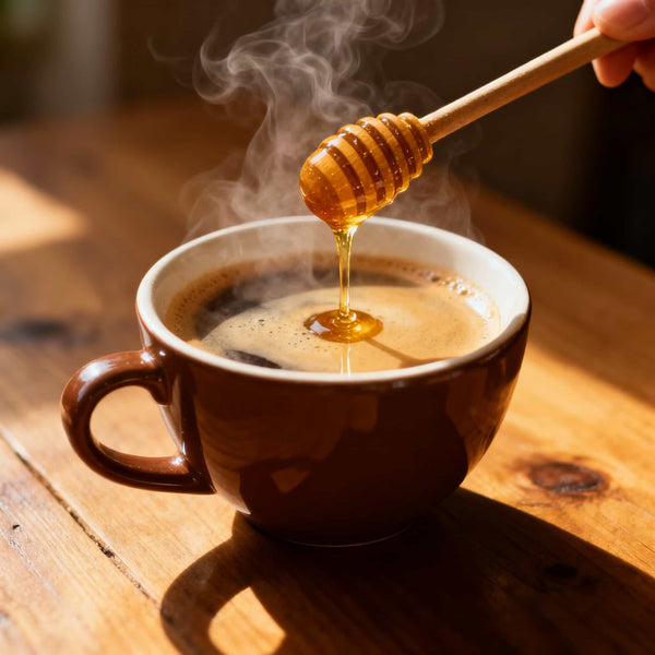 Kaffee mit Honig wird in eine Tasse gerührt