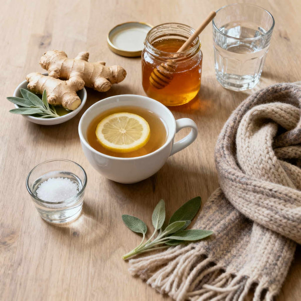 Verschiedene Hausmittel gegen Halsschmerzen auf einem Tisch
