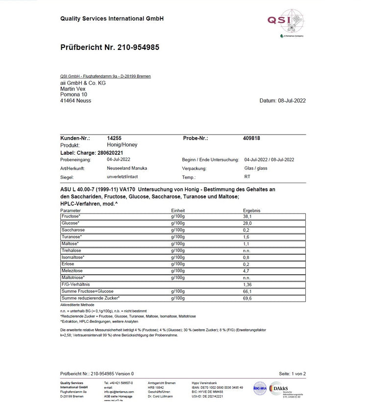 Passendes Manuka Honig Zertifikat von QSI bei Manuka4Life