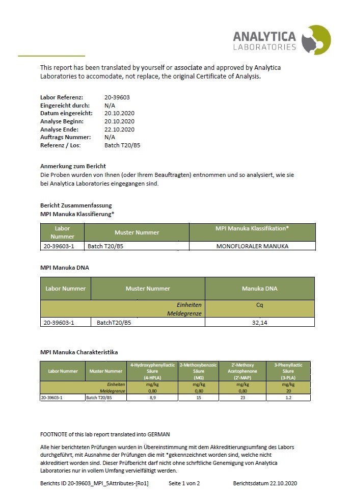 Manuka Pur 829 mg/kg MGO MPI5 Zertifikat deutsch